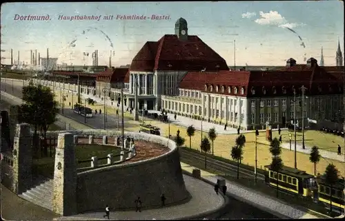 Ak Dortmund im Ruhrgebiet, Hauptbahnhof mit Fehmlinde-Bastei, Straßenbahnen