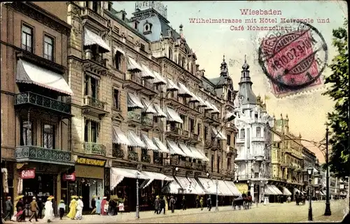 Ak Wiesbaden in Hessen, Wilhelmstrasse mit Hotel Metropole, Cafe Hohenzollern