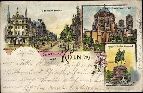 Litho Köln am Rhein, Gereonskirche, Hohenzollernring, Kaiser Wilhelm-Denkmal
