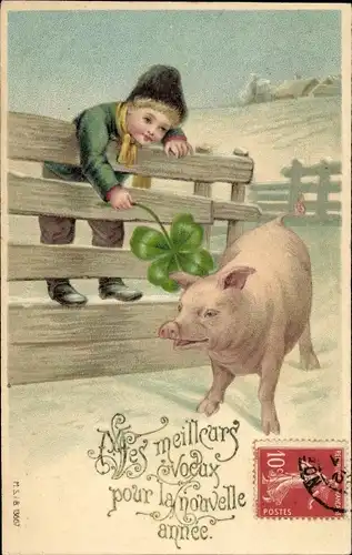 Ak Glückwunsch Neujahr, Schwein, Junge am Zaun, Glücksklee