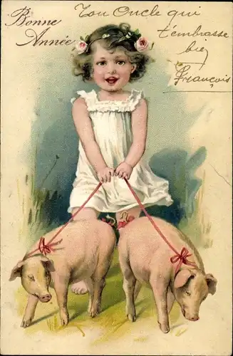 Präge Ak Glückwunsch Neujahr, Mädchen mit Schweinen