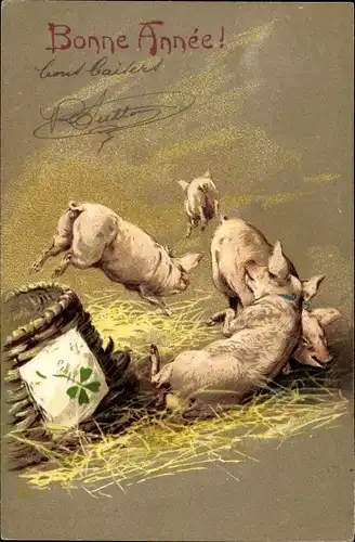 Präge Ak Glückwunsch Neujahr, Glücksschweine