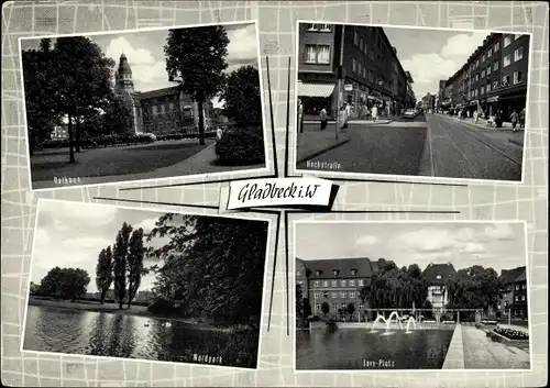 Ak Gladbeck im Ruhrgebiet Westfalen, Nordpark, Rathaus, Hochstraße, Jovy-Platz, Springbrunnen