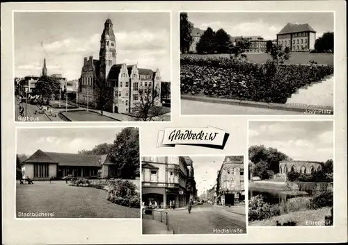 Ak Gladbeck im Ruhrgebiet Westfalen, Hochstraße, Rathaus, Jovy-Platz. Stadtbücherei, Ehrenmal