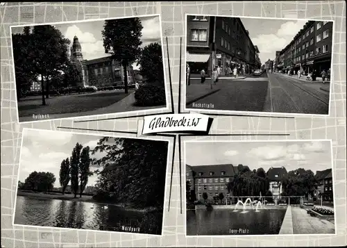 Ak Gladbeck im Ruhrgebiet Westfalen, Jovy-Platz mit Springbrunnen, Rathaus, Nordpark, Hochstraße