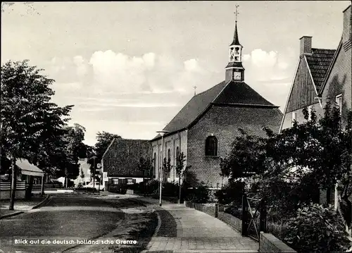 Ak Suderwick Bocholt im Münsterland, Blick auf deutsch holländische Grenze, Kirche