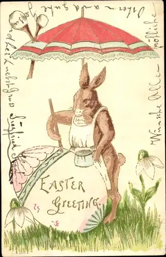 Präge Litho Glückwunsch Ostern, Hase bemalt ein Osterei, Regenschirm