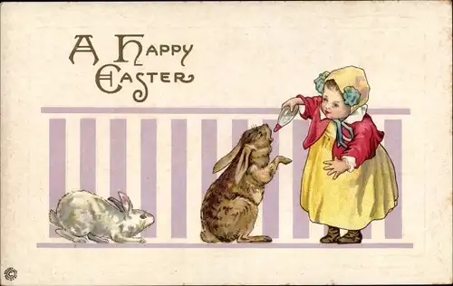 Ak Glückwunsch Ostern, Mädchen füttert Hasen