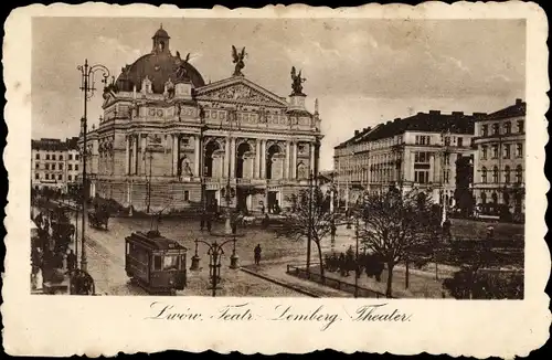 Ak Lwów Lemberg Ukraine, Teatr, Theater, Straßenpartie, Straßenbahn