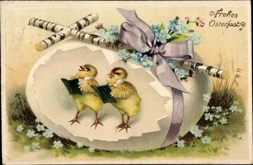 Präge Litho Glückwunsch Ostern, Singende Küken, Osterei