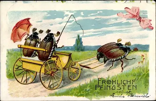 Präge Litho Glückwunsch Pfingsten, Maikäfer, Kutsche