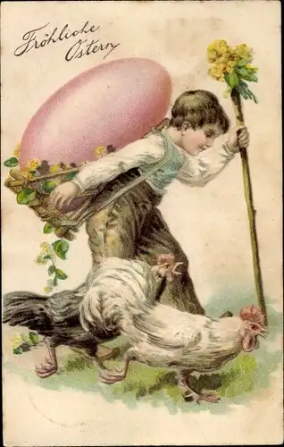 Präge Litho Glückwunsch Ostern, Junge trägt großes Osterei, Hühner