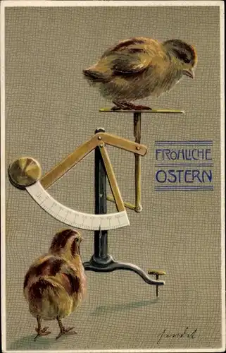 Präge Litho Glückwunsch Ostern, Zwei Küken an einer Waage, 70 Gramm