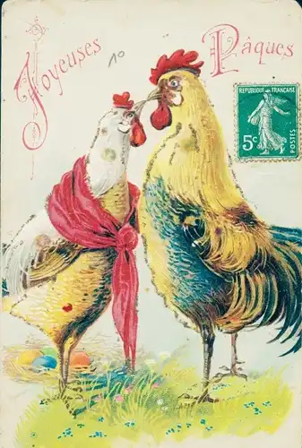 Glitzer Präge Ak Glückwunsch Ostern, Hahn und Huhn