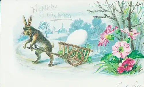 Glitzer Litho Glückwunsch Ostern, Hase zieht Handkarren mit Ei