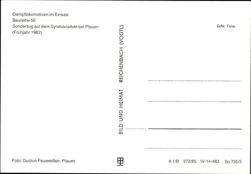 Ak Dampflokomotiven im Einsatz, Baureihe 50, Sonderzug au dem Syratalviadukt bei Plauen, 1982