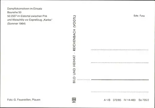 Ak Dampflokomotiven im Einsatz, Lok 50 2507, Elstertal zwischen Pirk und Weischlitz, Karlex