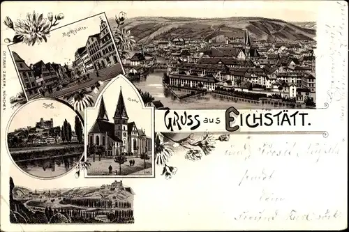 Litho Eichstätt in Oberbayern, Dom, Burg, Marktplatz, Totalansicht der Ortschaft, Fluss