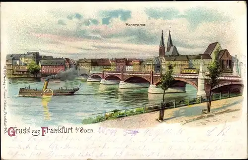 Litho Frankfurt an der Oder, Panorama vom Ort, Salondampfer