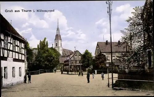 Ak Thurm Mülsen Sachsen, Teilansicht der Ortschaft, Kirche