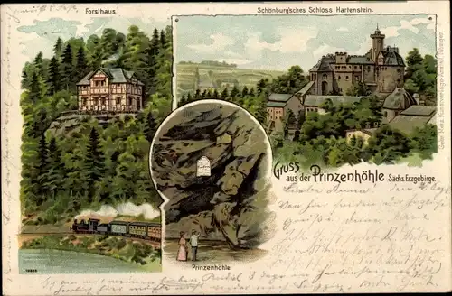 Litho Hartenstein im Erzgebirge Sachsen, Schönburgsches Schloss, Prinzenhöhle, Forsthaus