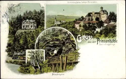 Litho Hartenstein im Erzgebirge Sachsen, Forsthaus, Prinzenhöhle, Schönburgsches Schloss