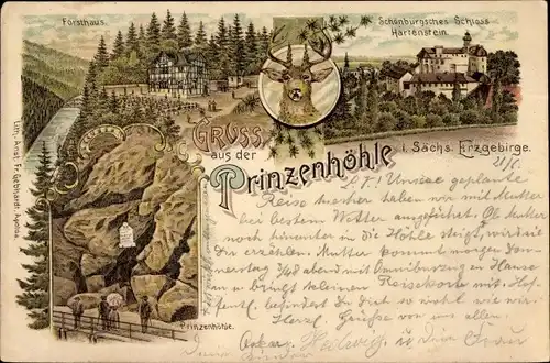 Litho Hartenstein im Erzgebirge Sachsen, Forsthaus, Prinzenhöhle, Schönburgsches Schloss