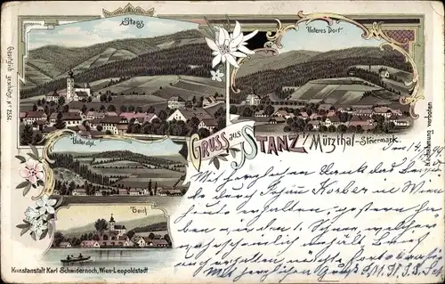 Litho Stanz im Mürztal Steiermark, Panorama, Unteres Dorf, Teich