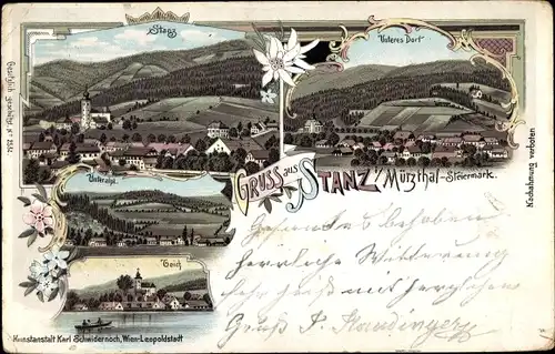 Litho Stanz im Mürztal Steiermark, Panorama, Unteres Dorf, Teich