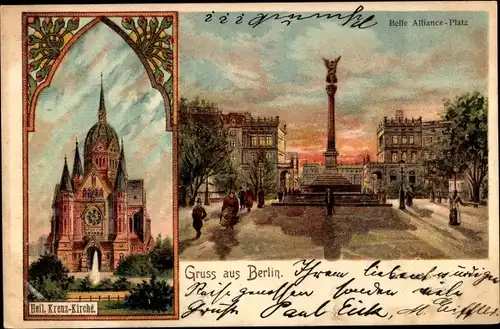 Litho Berlin Kreuzberg, Die Säule auf den Belle Alliance Platz, Heil. Kreuzkirche