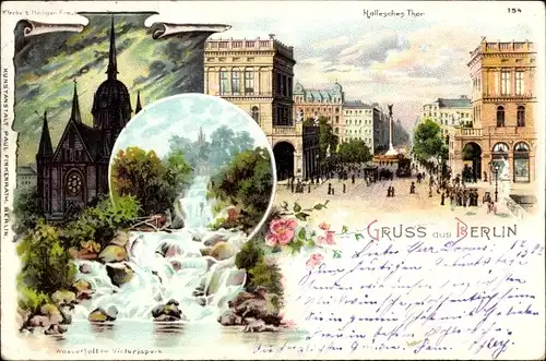 Litho Berlin Kreuzberg, Hallesches Tor, Viktoriapark mit Wasserfall, Kirche zum Heiligen Kreuz