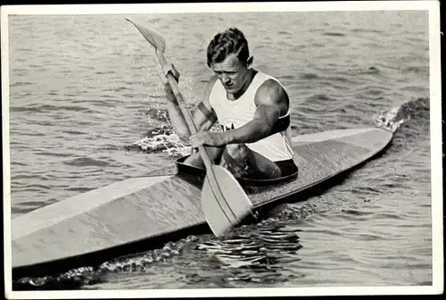 Sammelbild Olympia 1936, Deutscher Kanute Ernst Krebs im Kajak Einer