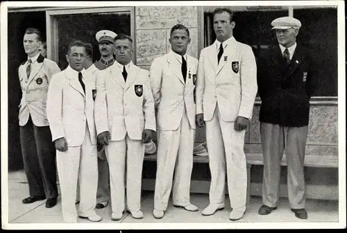 Sammelbild Olympia 1936, Deutsche Ringer Brendel, Schäfer, Schweickert, Hornfischer
