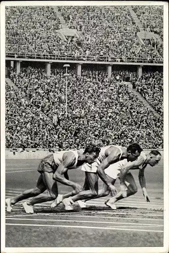 Sammelbild Olympia 1936, Zehnkämpfer beim Start, Bonnet