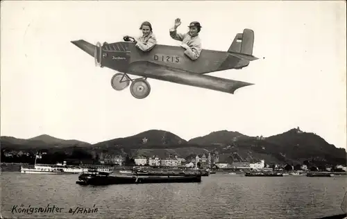 Ak Königswinter am Rhein, Rheinpartie, Flugzeug, Fotomontage