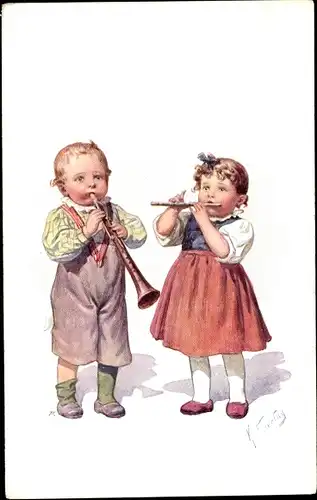 Künstler Ak Feiertag, Karl, Zwei Kinder spielen Flöte, BKWI 774 1