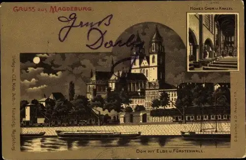 Mondschein Litho Magdeburg an der Elbe, Dom mit Elbe und Fürstenwall bei Nacht, Hohes Chor, Kanzel