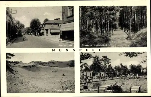 Ak Nunspeet Gelderland, Dorpsstraat, Bruggetje Elbertjespad, Zandverstuiving, Pesles Bad
