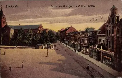 Ak Sterkrade Oberhausen am Rhein, Partie am Marktplatz mit kath. Kirche, Dämmerung