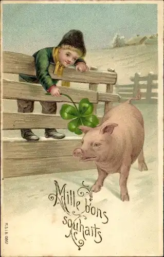 Präge Ak Glückwunsch Neujahr, Kind am Zaun, Schwein, Glücksklee