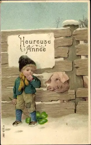 Präge Ak Glückwunsch Neujahr, Kind, Schwein, Glücksklee, Loch im Zaun