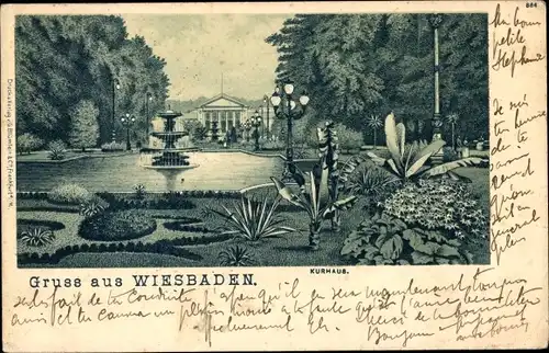 Litho Wiesbaden in Hessen, Kurhaus, Teich mit Springbrunnen