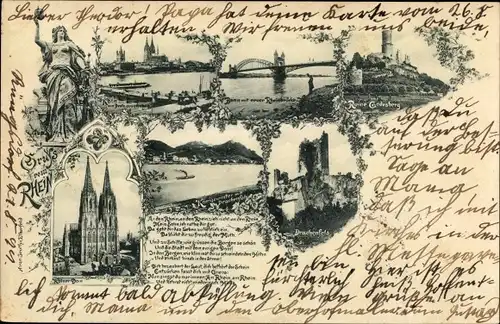 Ak Königswinter am Rhein, Drachenfels, Kölner Dom, Bonn mit neuer Rheinbrücke, Godesburg