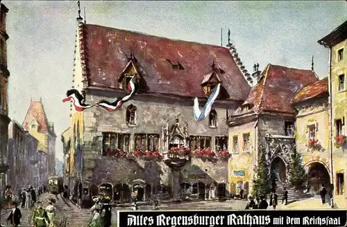 Künstler Ak Regensburg an der Donau Oberpfalz, Altes Rathaus mit Reichssaal, Fahnen