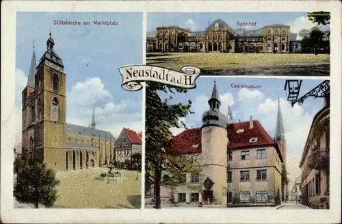 Ak Neustadt an der Weinstraße, Stiftskirche am Marktplatz, Bahnhof, Casimiranum