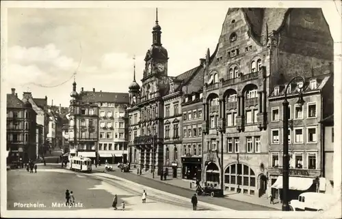 Ak Pforzheim Schwarzwald, Marktplatz, Geschäft Spirr, Straßenbahn