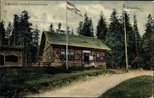 Ak Ilmenau in Thüringen, Gabelbachhäuschen, Fahnen