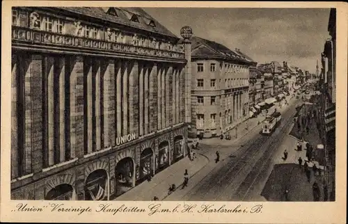 Ak Karlsruhe in Baden, Union Vereinigte Kaufstätten G.m.b.H., Straßenbahn