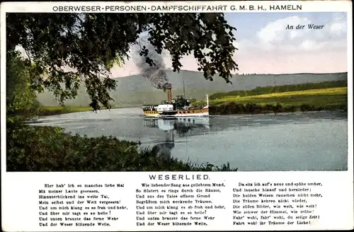 Ak Weserlied, Weserdampfer, Oberweser Dampfschifffahrtsgesellschaft Hameln