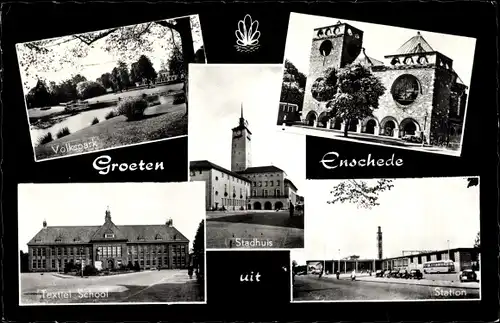 Ak Enschede Overijssel Niederlande, Station, Volkspark, Stadhuis, Textiel School
